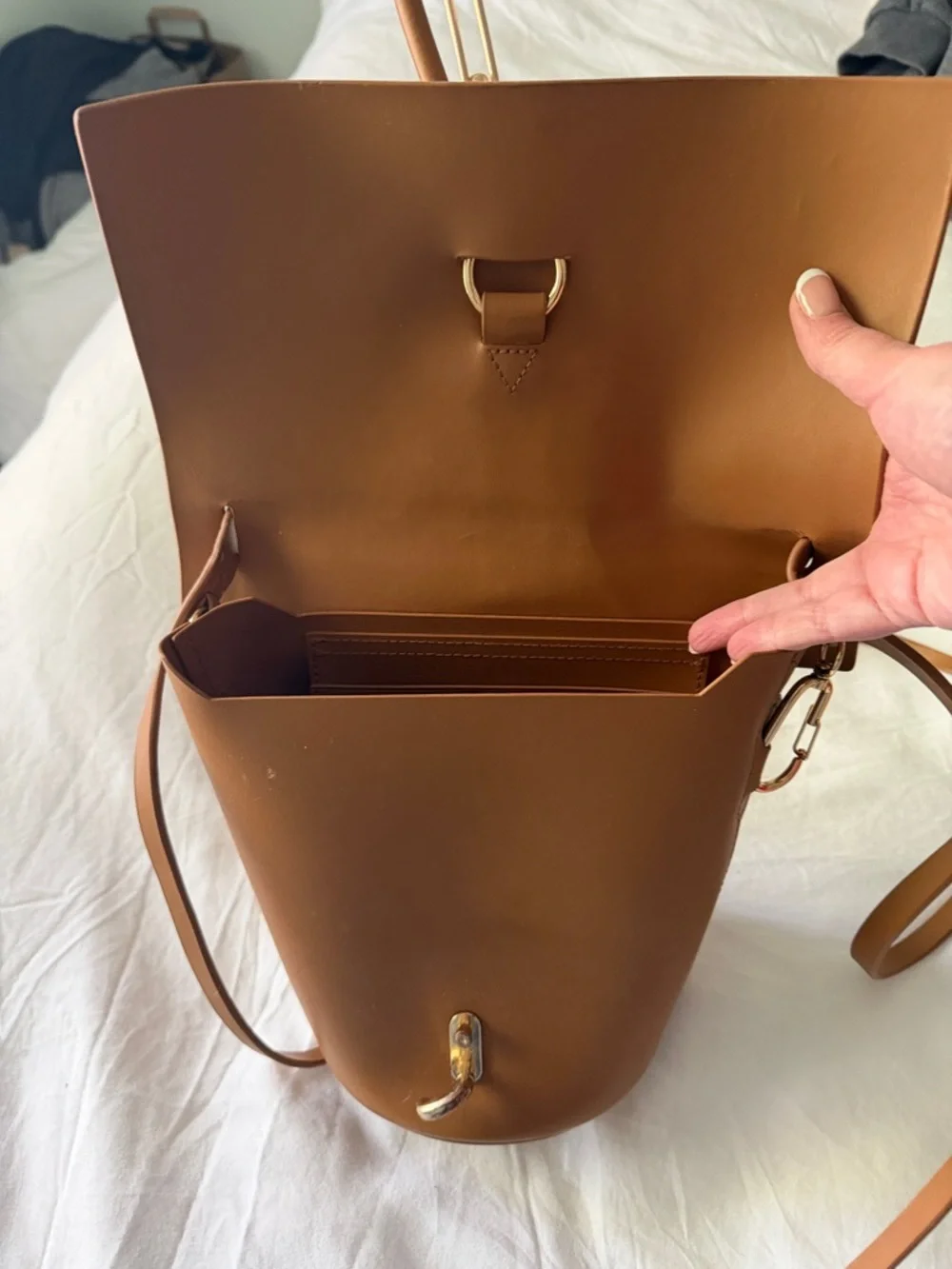 Zac Posen Caramel Brown Leather Crossbody with Gold Carabiner Detail - Picture 7 of 8